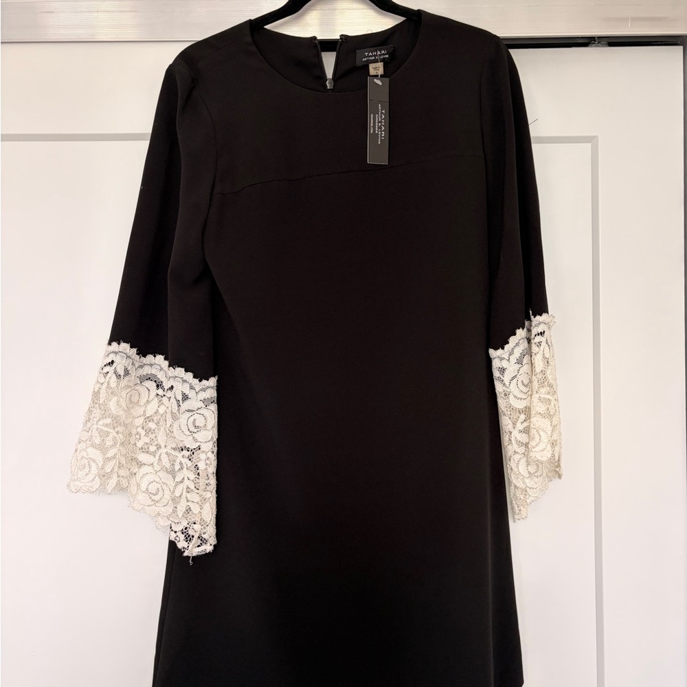 Tahari ASL Black Dress with Ivory Lace Bell Sleeves
